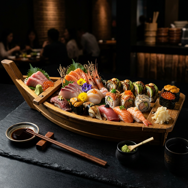 Sushi premium LYM — barco de madera